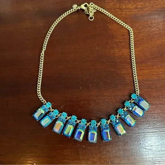 J. Crew Rare Brûlée Iridescent Blue Teal Crystal Gem Statement Necklace * flaw - Picture 7 of 16